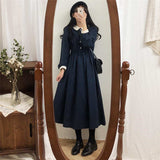 Kukombo Long Sleeve Dress Women Vestido Feminino Clothing Vintage Button Korean Style Mid-Calf  Spring Patchwork Elastic Waist Retro Ins