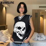 Kukombo Halloween Skulls Pullovers Sweater Sleeveless Vest V-Neck Knitwear Tank Top Casual Women Streetwear 2022 Autumn Preppy Style Lady