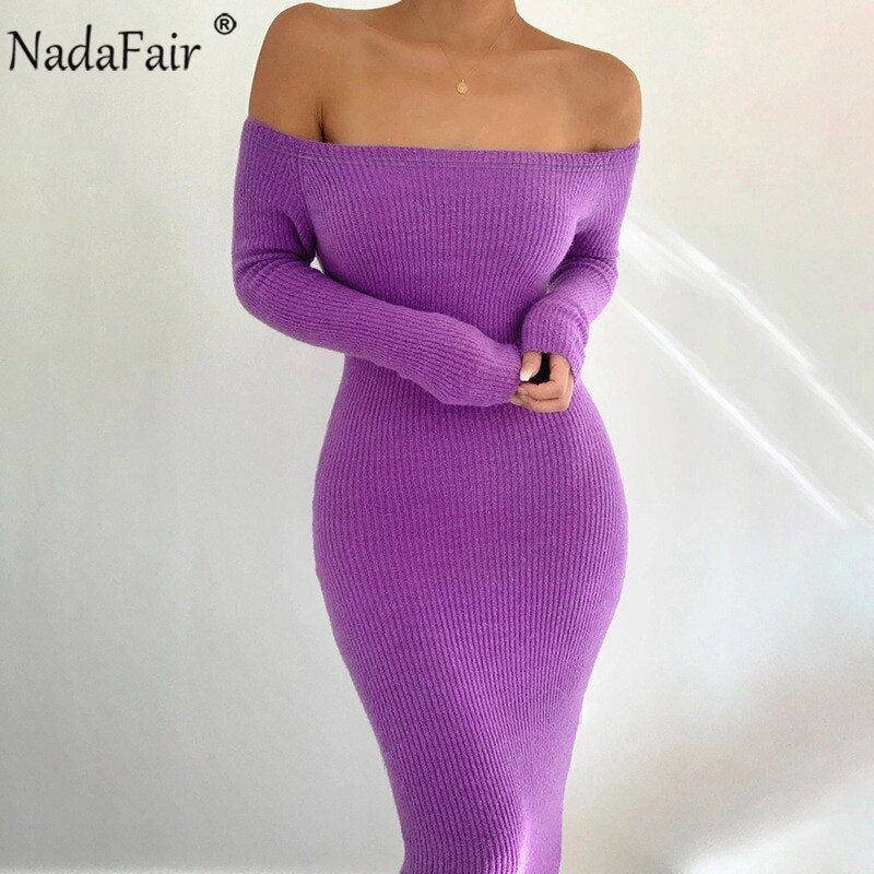 Nadafair Off Shoulder Ribbed Knit Midi Dress Autumn Winter Women 2020 Club Party Long Sleeve Basic Slim Sexy Bodycon Dress