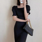 Kukombo Summer Women Elegant Midi Slim Solid Black Dress Office Lady Fashion Bodycon Puff Sleeve Dress