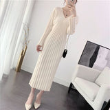 Women Knitted Sweater Maxi Dresses Autumn Winter A-line Casual Long Sleeve Vestido Office Fashion Korean V Neck Midi Robe