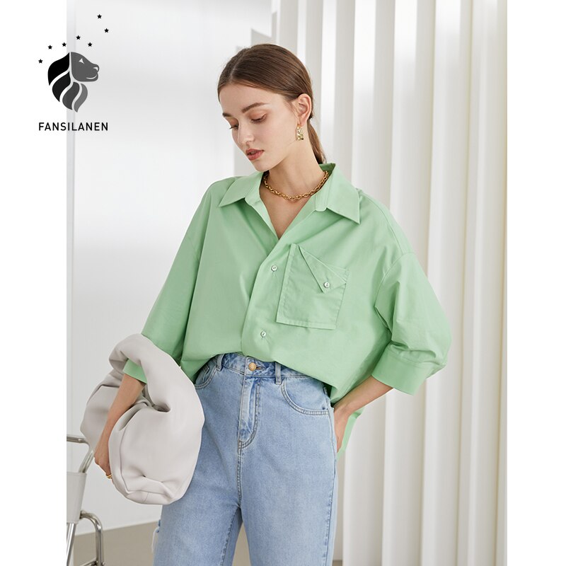 Christmas Gift FANSILANEN Office Lady Lazy Loose Casual Green Shirt Women's Summer Three-quarter Sleeve Design Niche Chic White Tops