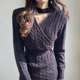 Kukombo One Piece Dress Korean Chic Autumn Temperament Round Neck Pullover Front And Back Two Wear Design High Waist