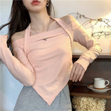 Kukombo Pink One-Shoulder Halter Bellyband Tops Women Autumn New Slim Long Sleeve Irregular Crop Top T-Shirt Female Aesthetic Clothes