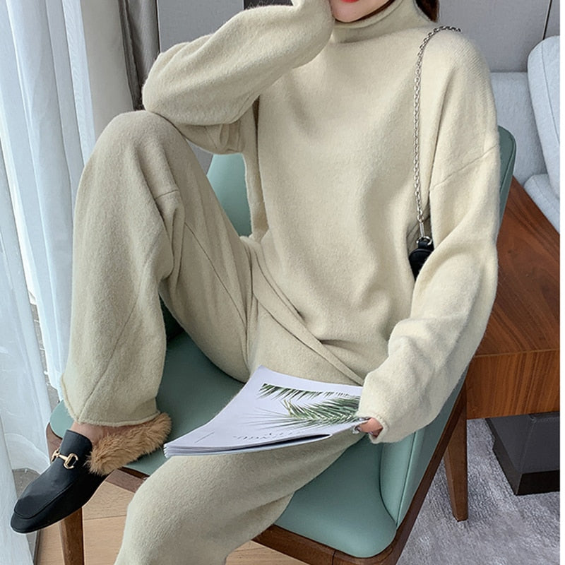 Kukombo Christmas Gift Hirsionsan Elegant Knitted Sweater Pant Suits Women Soft Warm Sexy Female Sets 2 Pieces Slim Fit Skirt Loose Tops Ladies Ourfits