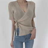 Christmas Gift Solid V-neck Shirt Woman Korean Short-sleeved Slim Knitted Shirt Women Summer Simple Lace-up Stretch Shirt Women's 2021