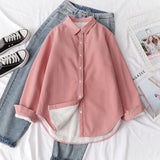 Kukombo Autumn Winter Fleece Shirts Women Solid Color Thick Warm Button Down Blouse Woman Korean Loose Long Sleeve Tops
