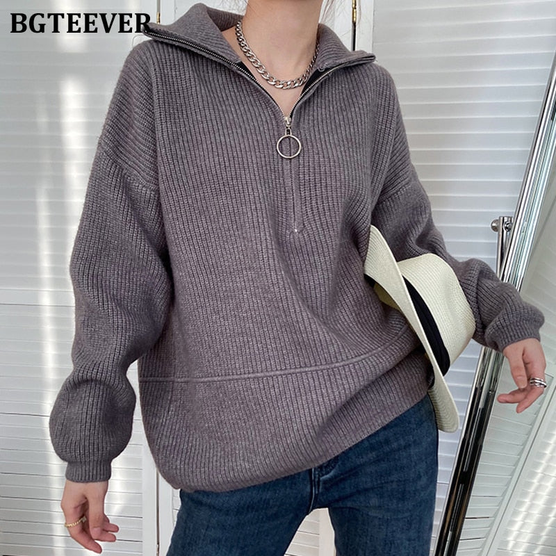 Christmas Gift BGTEEVER Autumn Winter Zipper Turtleneck Sweaters Women Casual Thick Long Pullover Jumpers Female Loose Knitting Tops 2021
