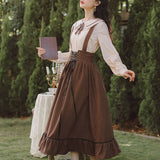 Kukombo 2022 Spring Summer Women Long Midi Suspender Skirt Teen Girls Preppy Style Cute Lace-Up High Waist Ruffle A-Line Skirts