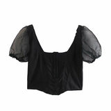Kukombo Summer Blouses Women Crop Top Puff Sleeve Shirts Vintage White Top Elegant Chiffon Blouse Ladies Tops Sexy Ruffle Blouse 2022