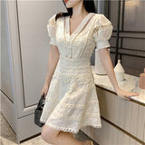 Kukombo New Embroidery Lace Elegant Dress Woman Summer V-Neck High Waist Mini Bodycon Woman Clothing Vintage Party Dresses Hollow Out
