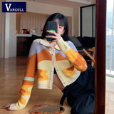 Christmas Gift Single Breasted Cardigan Women Elegant Simple Casual Sweater Retro Patchwork Cardigan Contrast Chic Lady Short Sweater