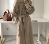 Christmas Gift Women Elegant Long Wool Coat With Belt Solid Color Long Sleeve Chic Outerwear Ladies Drop Shoulder Overcoat 2021