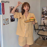 Christmas Gift Pajama Sets Women Plaid Classic Retro Turn Down Collar Short Sleeve Loose Preppy Style Cozy Students Sleepwear Home Female Lady