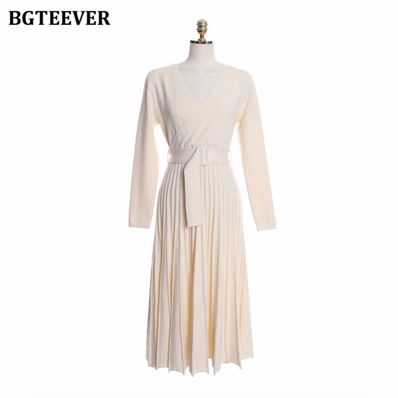 Christmas Gift BGTEEVER Elegant V-neck Thick Warm Women Knitted Pleated Dress Long Sleeve Belted Sashes Ladies Sweater Dress 2021 Autumn Winter
