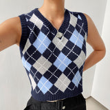 Christmas Gift HEYounGIRL Brown Argyle Vintage Cropped Sweater Vest Autumn Sleeveless Knit Pullover Preppy Style Casual Plaid Knitwear 90s