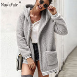 Nadafair Faux Fur Coat Women Hooded Winter Casual Teddy Coat Autumn Pockets Plus Size Fur Jacket Fleece Fluffy Overcoat Outwear