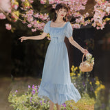 Kukombo Blue Gentle Romantic Fairy Dress Women Ruffled Square Collar Elegant High Waist Beaded Bow Sweet Cute Long Dress Summer 2022 New
