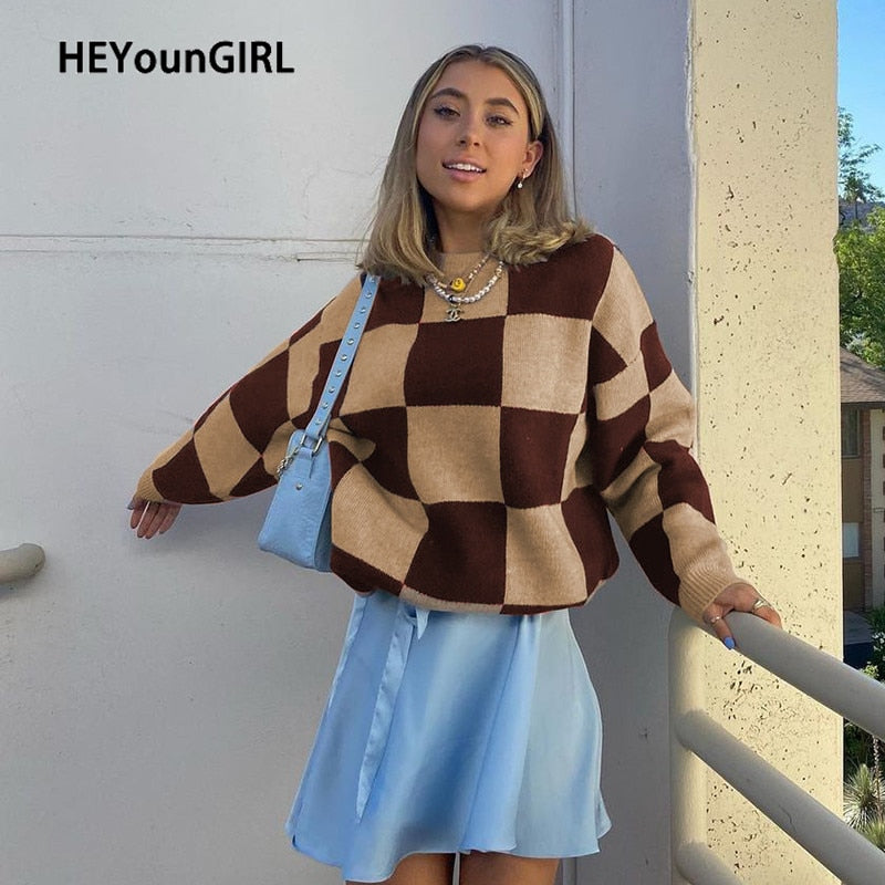 Christmas Gift HEYounGIRL Autumn Winter Plaid Brown Knitted Sweater Women Casual Korean Fashion Pullovers Top Vintage Long Sleeve Jumpers 2021