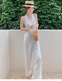 Summer Elegant Woman White Jumpsuits Outfit Office Overalls Vintage Double-Breasted V-Neck Sleeveless Halter Rompers Playsuits