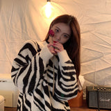 Kukombo  Autumn Winter Top 2022 New Korean Zebra Print Loose Lazy Wind Pullover Warm Long Sleeve Bottomed Sweater