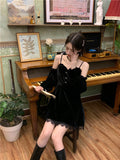 Graduation Gift Big Sale Gothic Black Velvet Dress Evening Party Long Sleeve Y2k Mini Dress Women Vintage Elegant One Piece Dress Korean 2023 Autumn