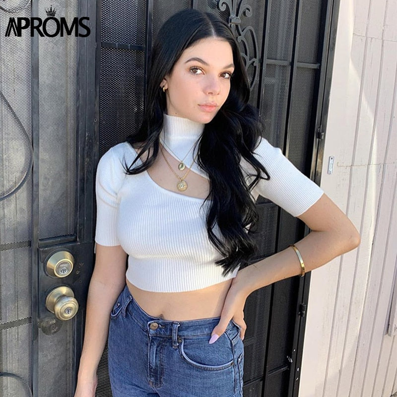 Candy Color High Neck Ribbed Knitted T-shirt Women Sexy Short Sleeve Strench Tshirt Ladies Streetwear White Crop Top 2022
