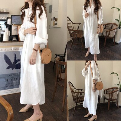 Oversize Shirt Women Full Sleeve Button Up Solid Color Ankle-Length Female Loose Casual Robe Spring New Blouse Dress 2021