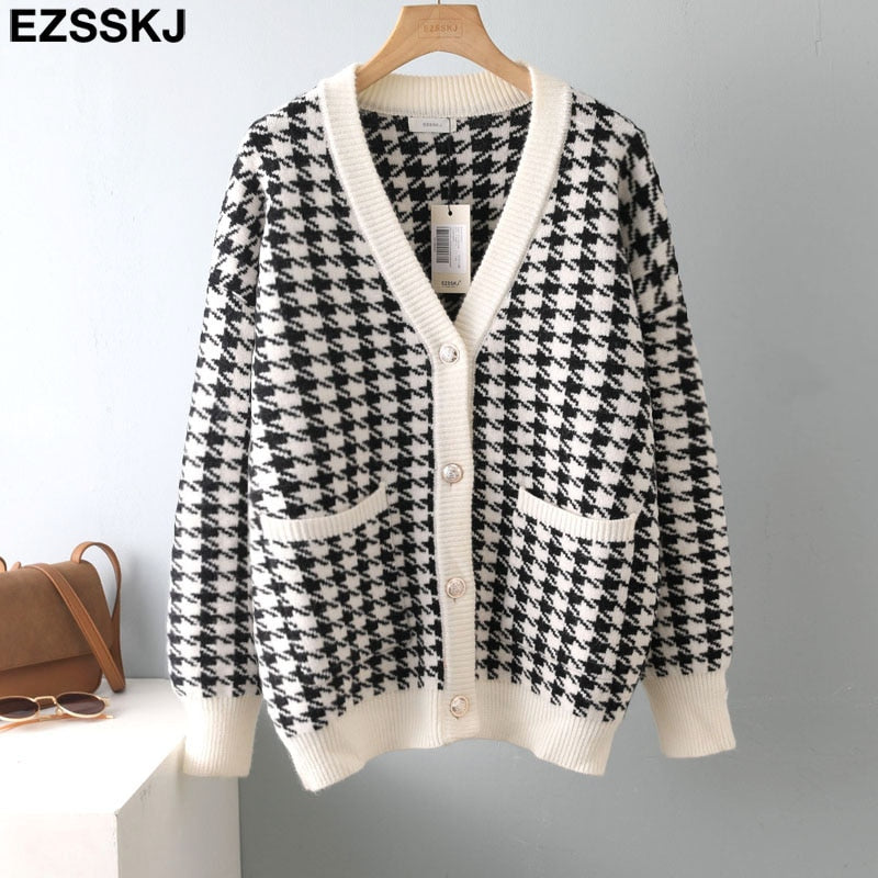 Christmas Gift white black  thick Houndstooth sweater cardigans jacket ladies new women thick sweater coat v-neck cardigan jacket coat outwear