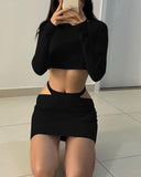 Kukombo ribbed hollow out women 2 piece set crop top long sleeve button mini skirt bodycon sexy streetwear spring autumn co ords