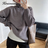 Christmas Gift Hirsionsan Zipper Turn-down Collar Autumn Sweaters Women Cashmere Soft Loose Solid Female Knited Pullovers 2021new Thick Jumper