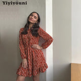 Christmas Gift Yiyiyouni Bohemian Floral Elastic Waist Dress Women Spring Long Sleeve Chiffon Ruffle Mini Dress Women Reched Party Dress Female