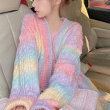Kukombo  Rainbow Knitted Cardigan Women Autumn winter Sweet Kawaii Sweater Coat Female long Korean Button Down Cardigan Fall 2022 Women