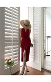 Elegant White Halter Vintage Dress Women Solid Sleeveless V-Neck Split Bandage Red Midi Dress Summer Lady Vestidos