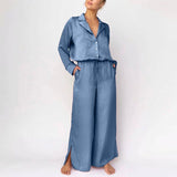 Kukombo  Women Solid Silk Two Piece Set Elegant Notched Drawstring Shirt Top And Split Wide Leg Pants Suits Casual Loose Ladies Clothing