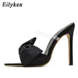Christmas Gift Eilyken Silk Butterfly-knot Women slippers Mule high heels Slippers Sandals flip flops Pointed toe Strappy Slides Party shoes
