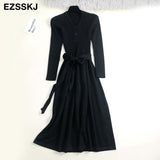 Christmas Gift 2021autumn winter v-neck maxi sweater dress women OL female long sweater dress with belt elegant a-line solid slim dress