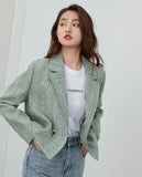 Kukombo Green Tweed Plaid Short Blazer Women Elegant Office Oversized Blazer Jacket Female Casual Streetwear Spring Coat