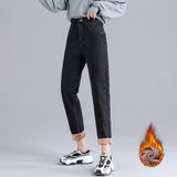 Christmas Gift Plush warm jeans 2021 new elastic high waist loose Harlan pants straight tube thin autumn and winter thickening