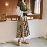 Christmas Gift Elastic waist  Vintage Skirts New Harajuku MI-long Plaid Skirt Women High Waist School Girls mid carf Pleated skirt