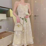 Kukombo 2022 Summer Folral Dress Women Sequin Elegant Sweet Cute Strap Prty Midi Dress Sexy Gentle Casual Beach Korean Dress