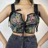 Kukombo  Kukombo 2023 Designer Vintage Print Halter Tops Women Chic Bandage Floral Corset Shirts Female High Street Party Club Ladies Top