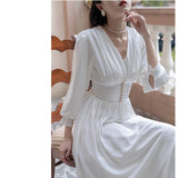 Kukombo Elegant Ladies White Dresses For Woman 2022 Vintage Lantern Sleeve V-Neck Folds Party Night Dress Spring Y2K Women's Clothing K146