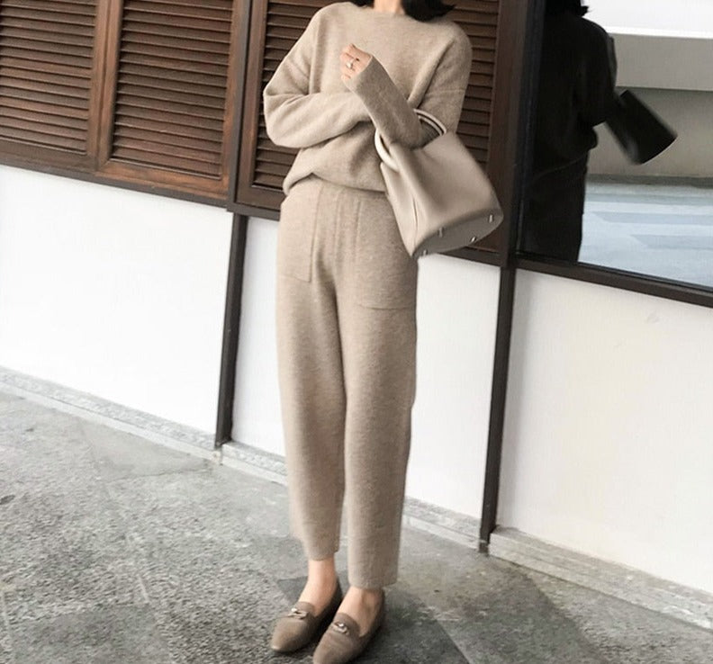 Christmas Gift Winter Casual Thick Sweater Tracksuits O-neck  Jumpers & Elastic Waist Pants Suit Female Knitted 2 Pieces Set