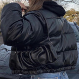 Christmas Gift Streetwear Turtleneck Quilted Black PU Leather Jacket Autumn Winter Parkas Coat Thick Puffer Bubble Crop Overcoat New