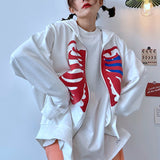 Kukombo Y2K Women's Full Zip Hoodies Pullover Long Sleeve Heart Skeleton Print Loose Hooded Sweatshirts