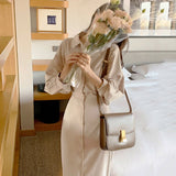 Kukombo Korean Chic Temperament Lapel Dress Single Breasted Lace Up Waist Shirt Skirt Slim Over Knee Long Lantern Sleeve Dress