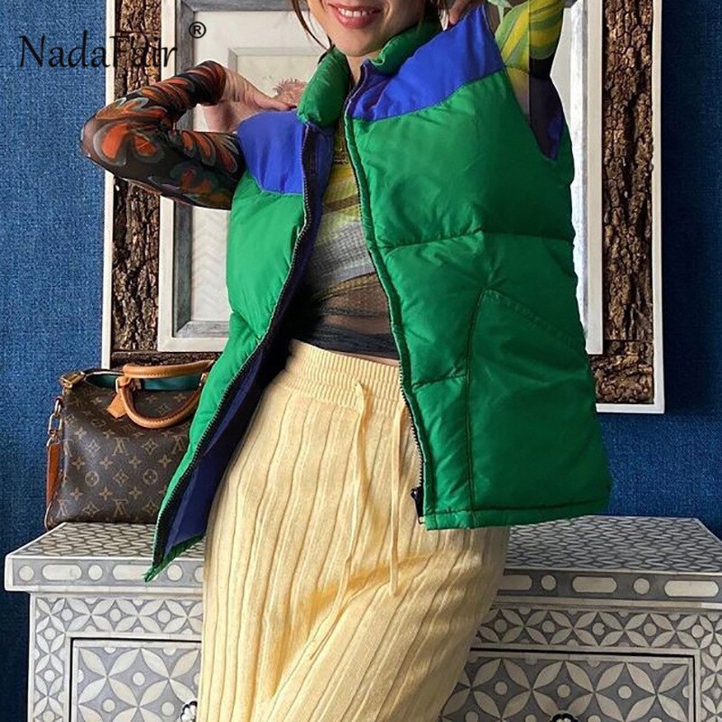 Nadafair Sleeveless Quilted Jacket Green Blue Patchwork Autumn Winter Thick Wram Puffer Bubble Jacket Padded Cutton Vest