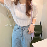 Kukombo 2021 New Chic Blouse Women Chemises Femme O Neck Short Sleeve Unicolor Sweet Summer Shirts Korean Style Blusas Mujer