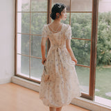 Kukombo Summer Short Sleeve Chiffon Fairy Dress Women 2022 Round Neck Elegant Beaded Backless Sexy Print Lace Puff Sleeve Sweet Vestido